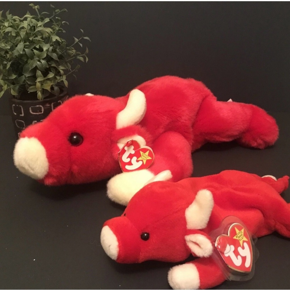 2 Ty Beanie Buddies SNORT Red Bull Cow Ty Beanie Babies SNORT MWMTs 1995 Retired